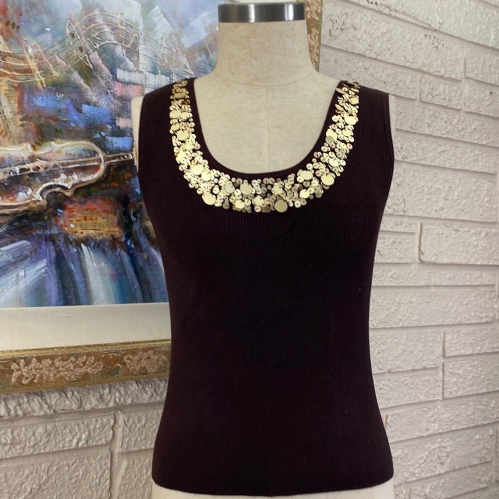 Bellini Ribbed Knit Gold Tone Pellets Neckline Tank Top